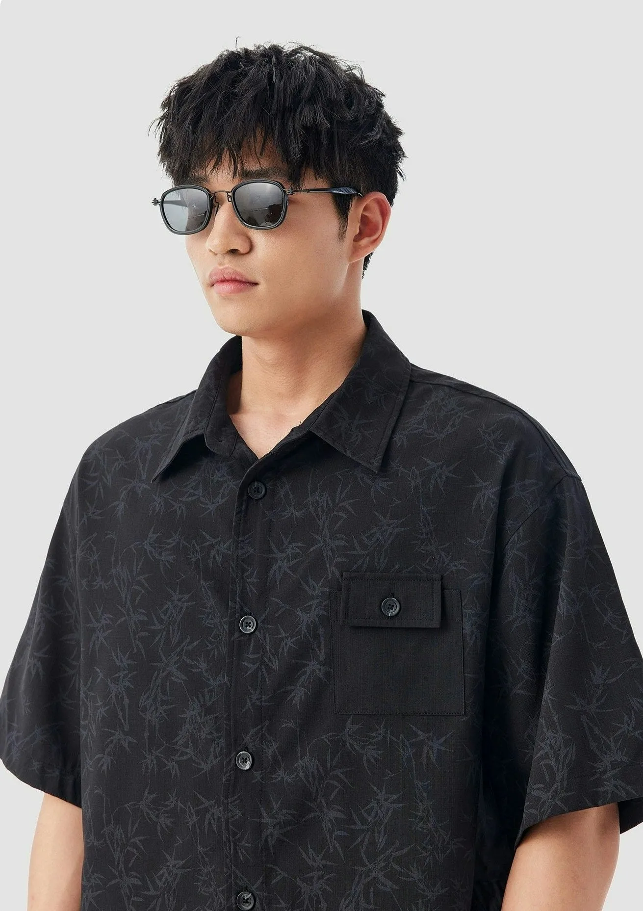 Oversized Bamboo Print Short Sleeve Button-up Shirt