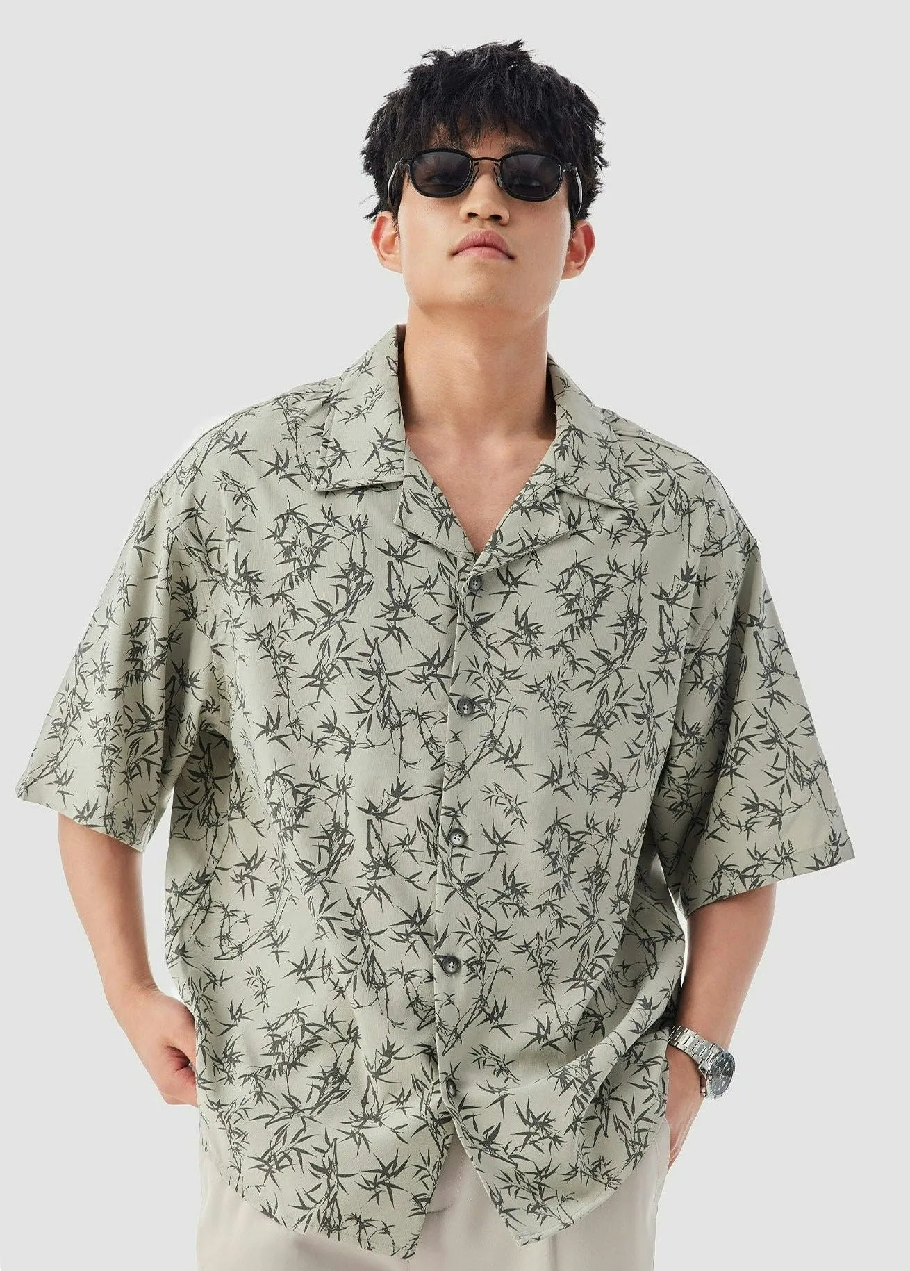 Oversized Bamboo Print Short Sleeve Button-up Shirt