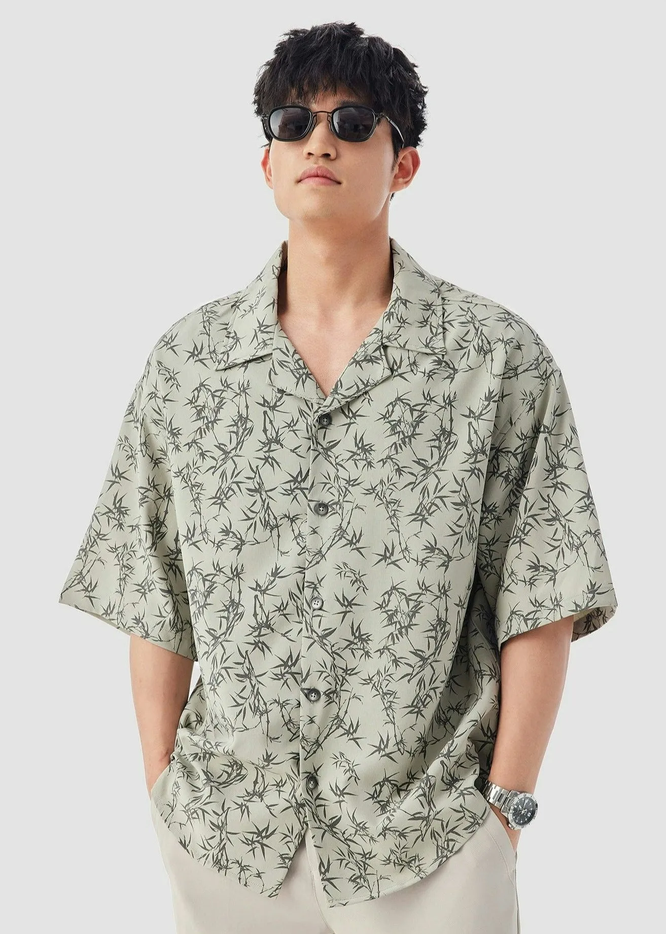 Oversized Bamboo Print Short Sleeve Button-up Shirt