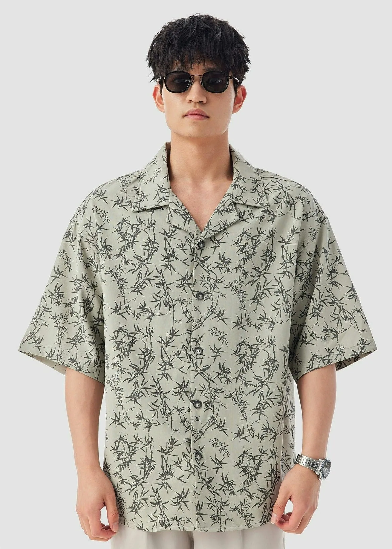 Oversized Bamboo Print Short Sleeve Button-up Shirt