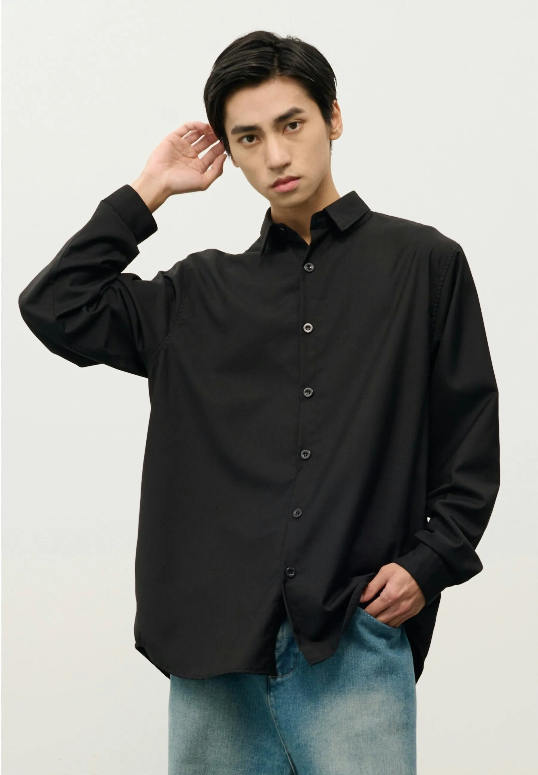 Oversized Button-Down Shirt with Stand Collar