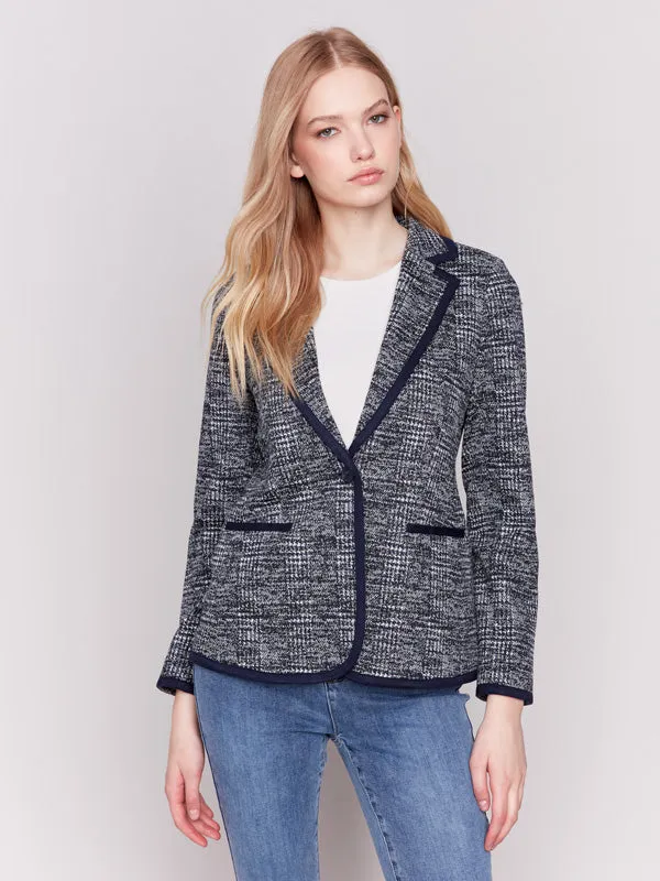 Plaid Knit Blazer with Hood - Navy