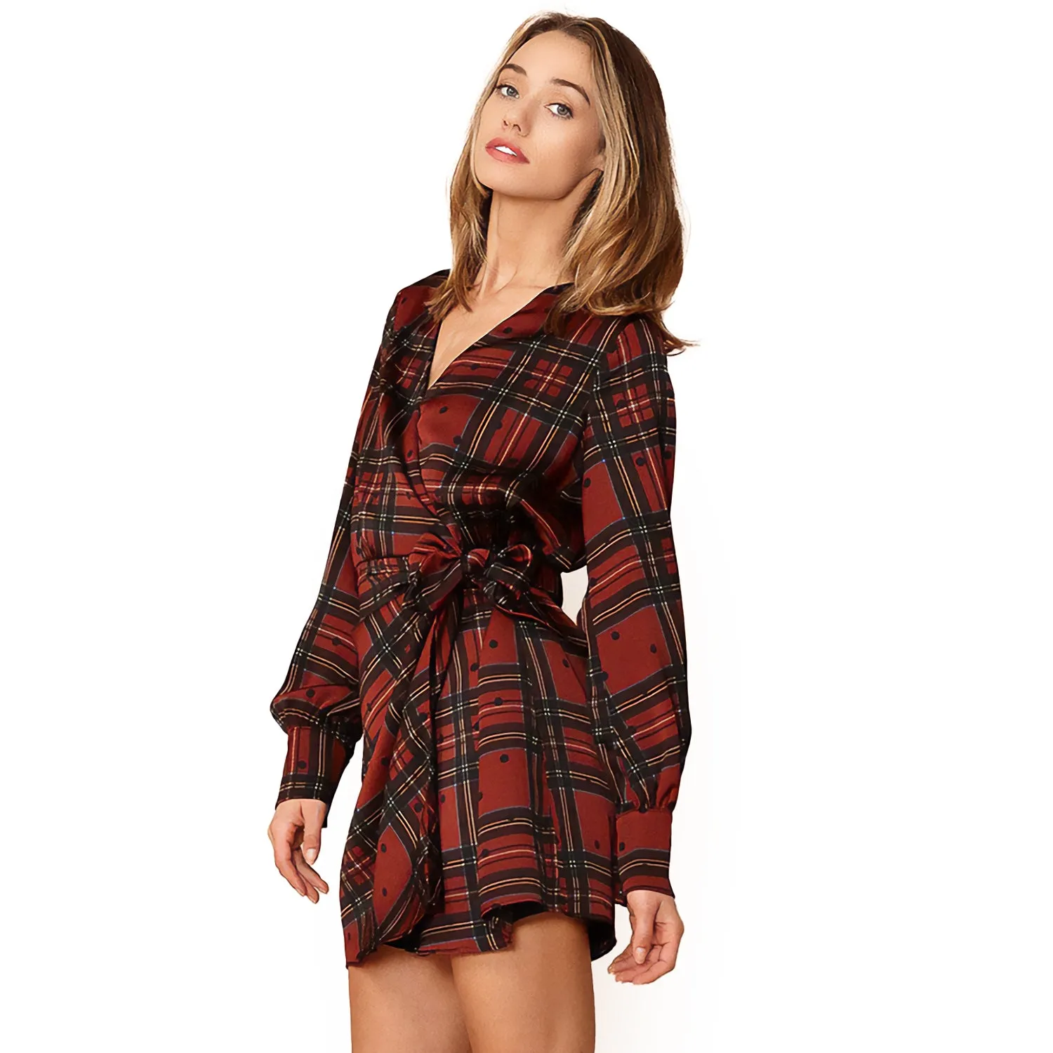 Plaid-polkadot Mini Wrap Dress in Brick