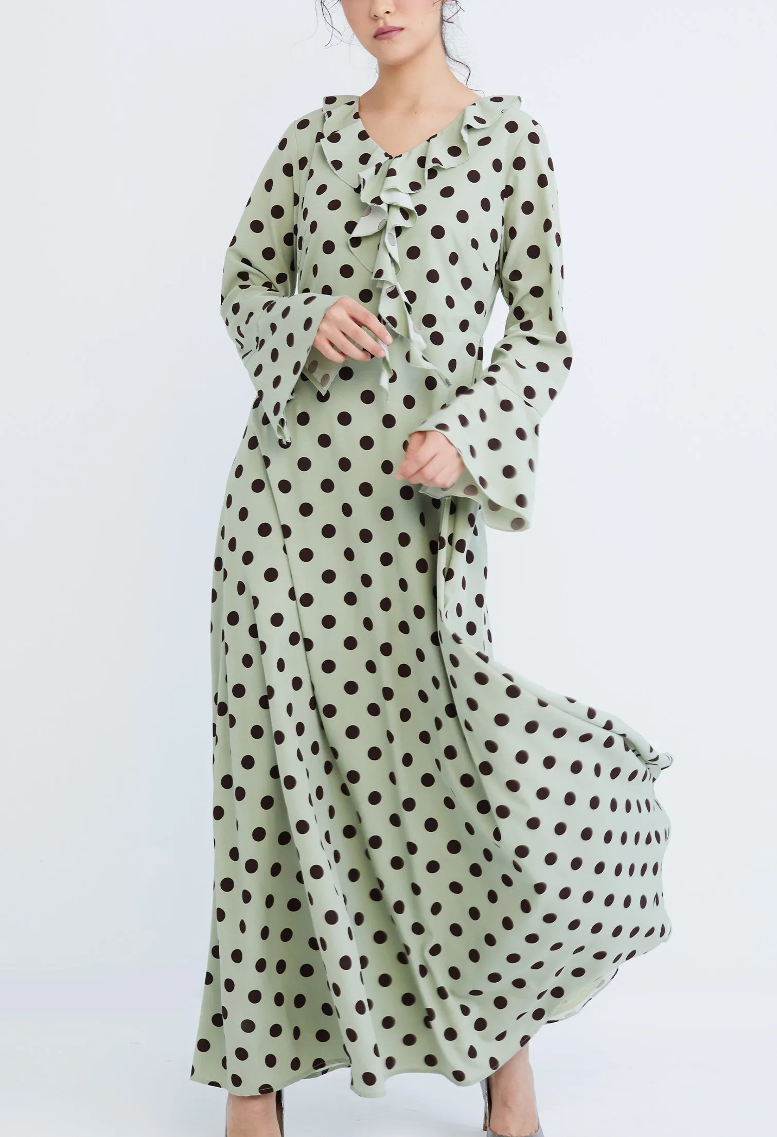 Polka Dot Ruffled V-Neckline Maxi Dress