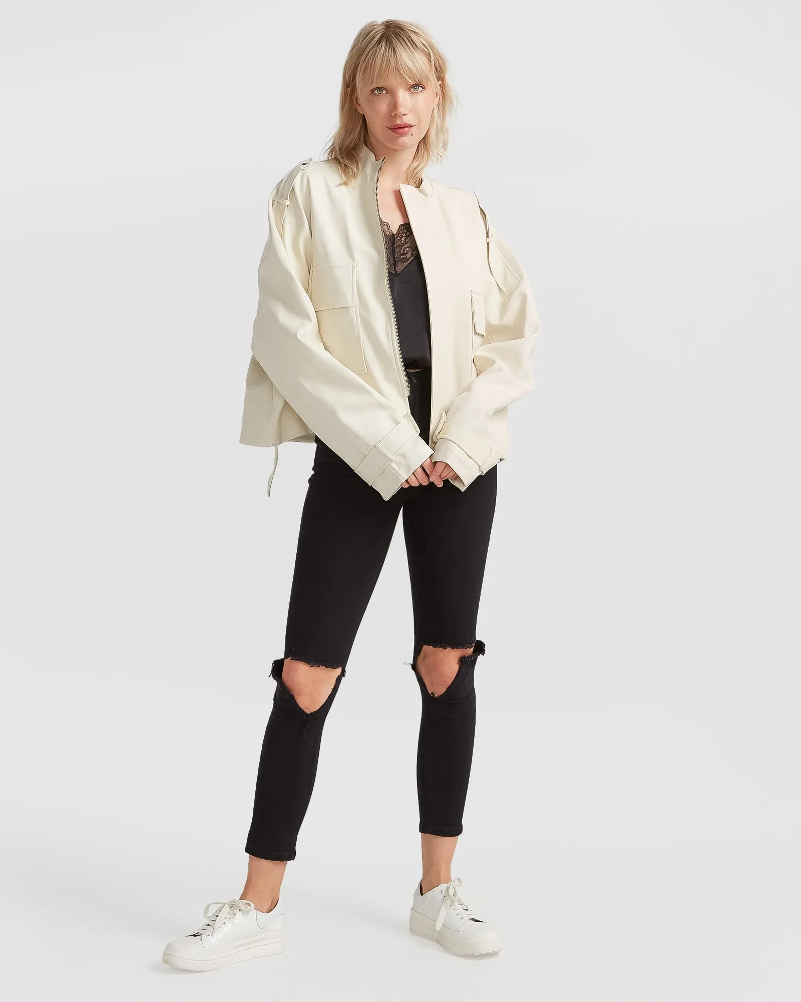 Reload Draped Leather Look Jacket - Cream