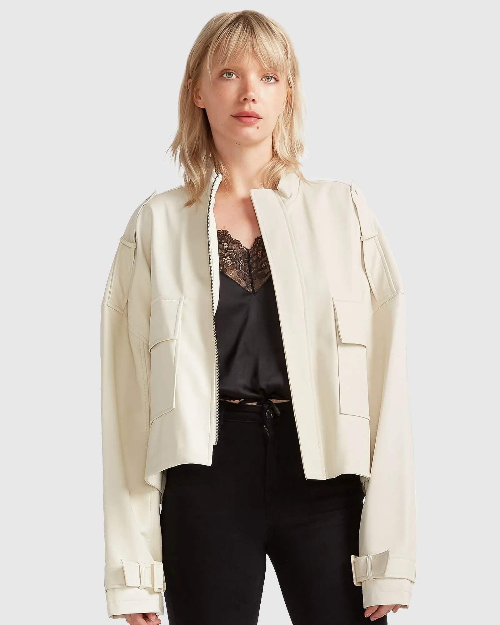 Reload Draped Leather Look Jacket - Cream