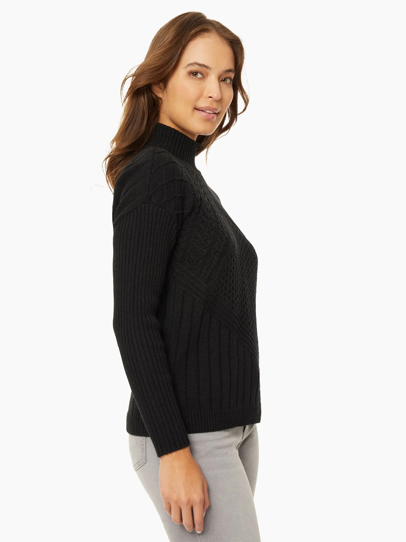 Reverse Jersey Multi-Stitch Mock Neck Sweater