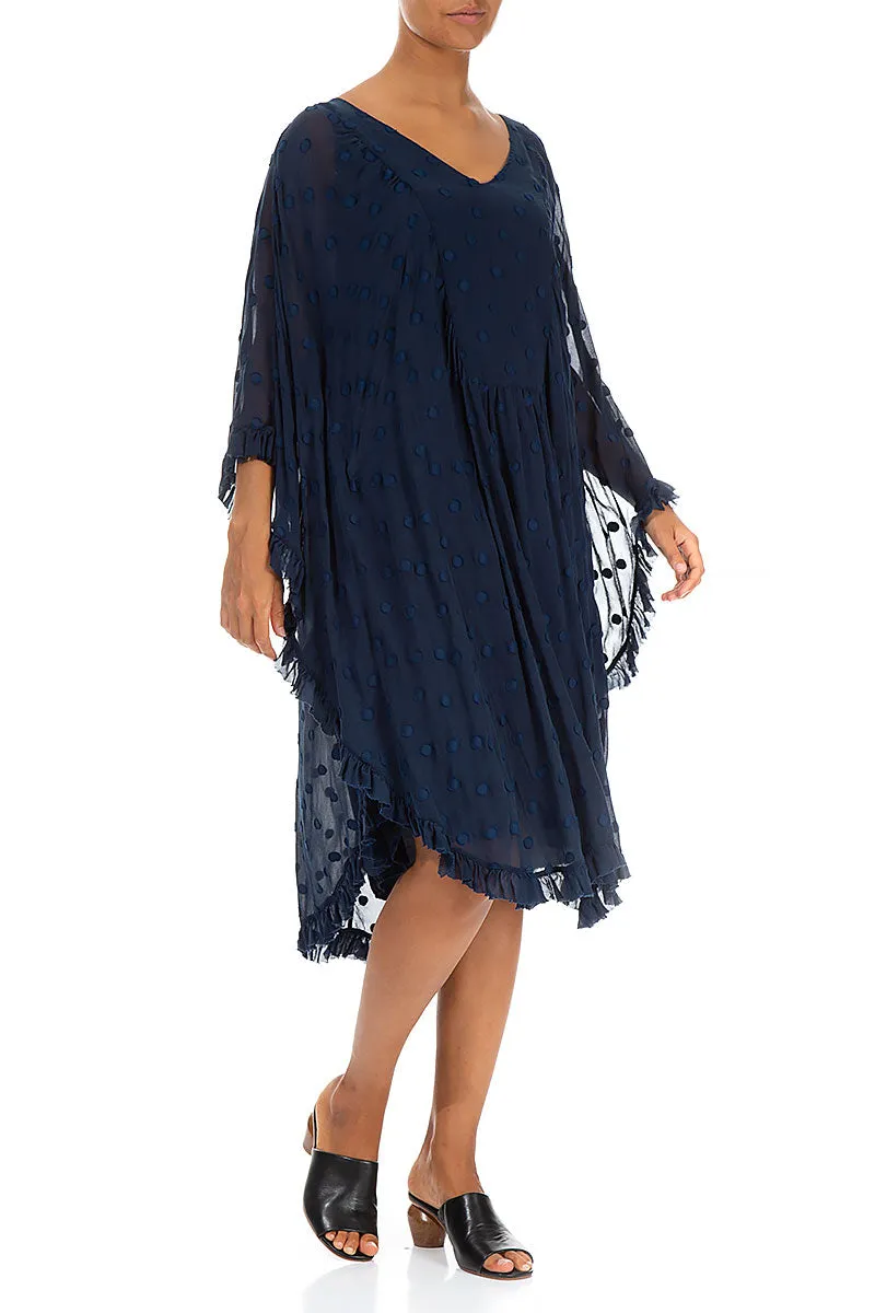 Ruffled Navy Dotty Silk Kaftan Dress