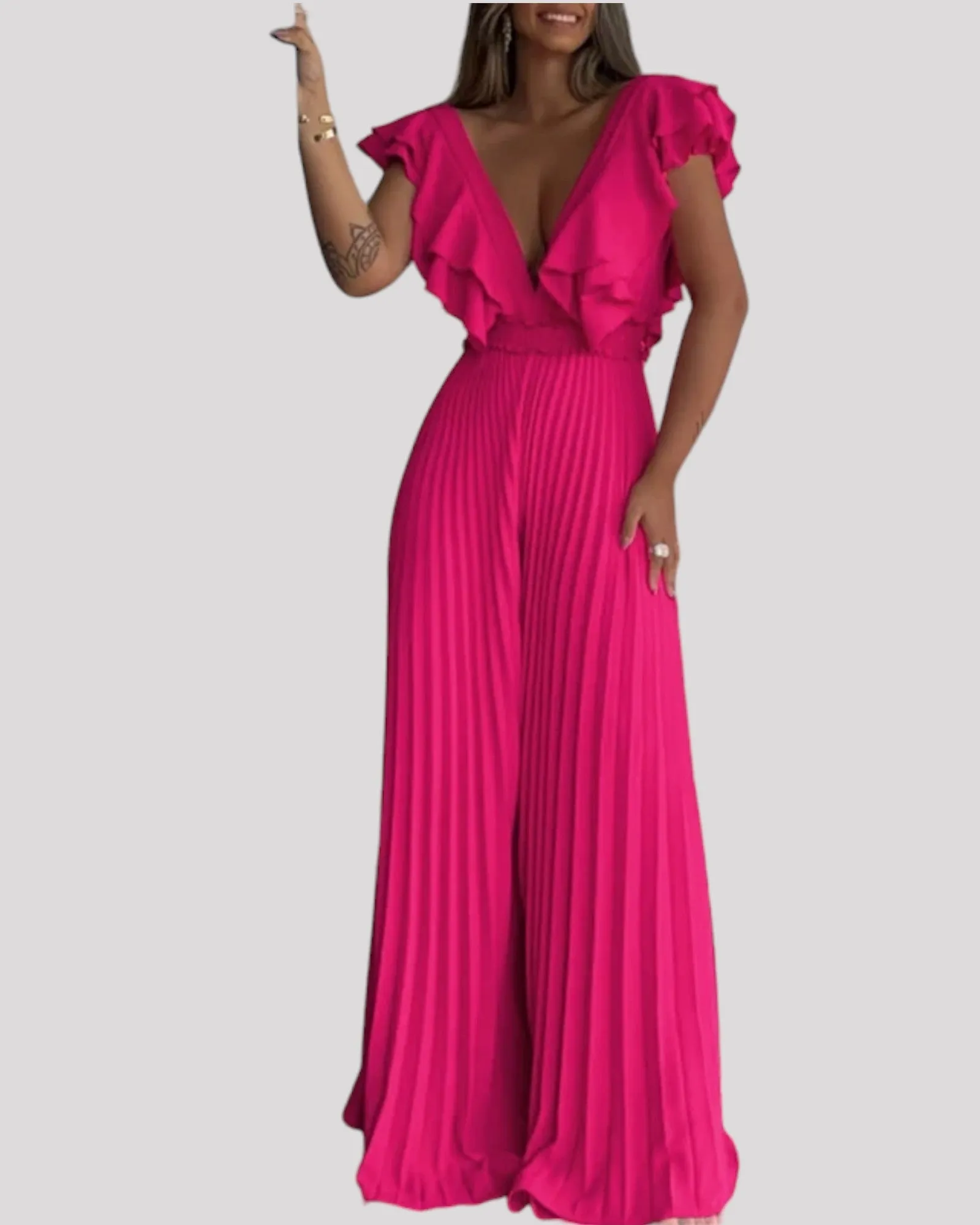 Ruffled Neckline One Piece Pants Jumpsuit. Available in 4 Colours