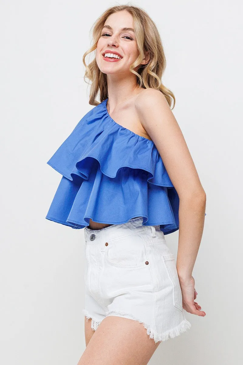 RUFFLED ONE SHOULDER CROP TOP IN BLUE