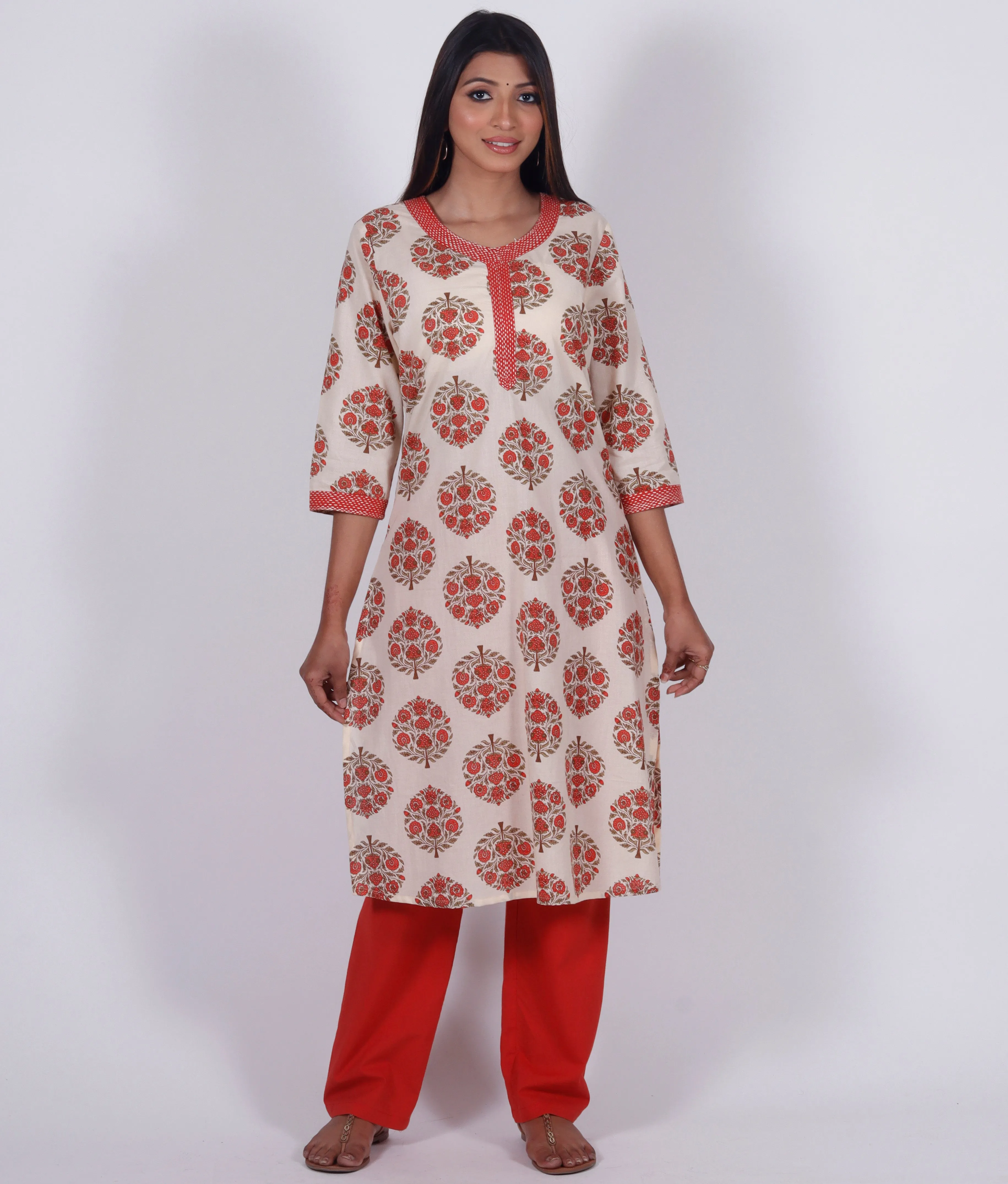 Saheli Block Print Style Hand Embroidered Pure Cotton Kurta Tunic; Made to Order/Customizable