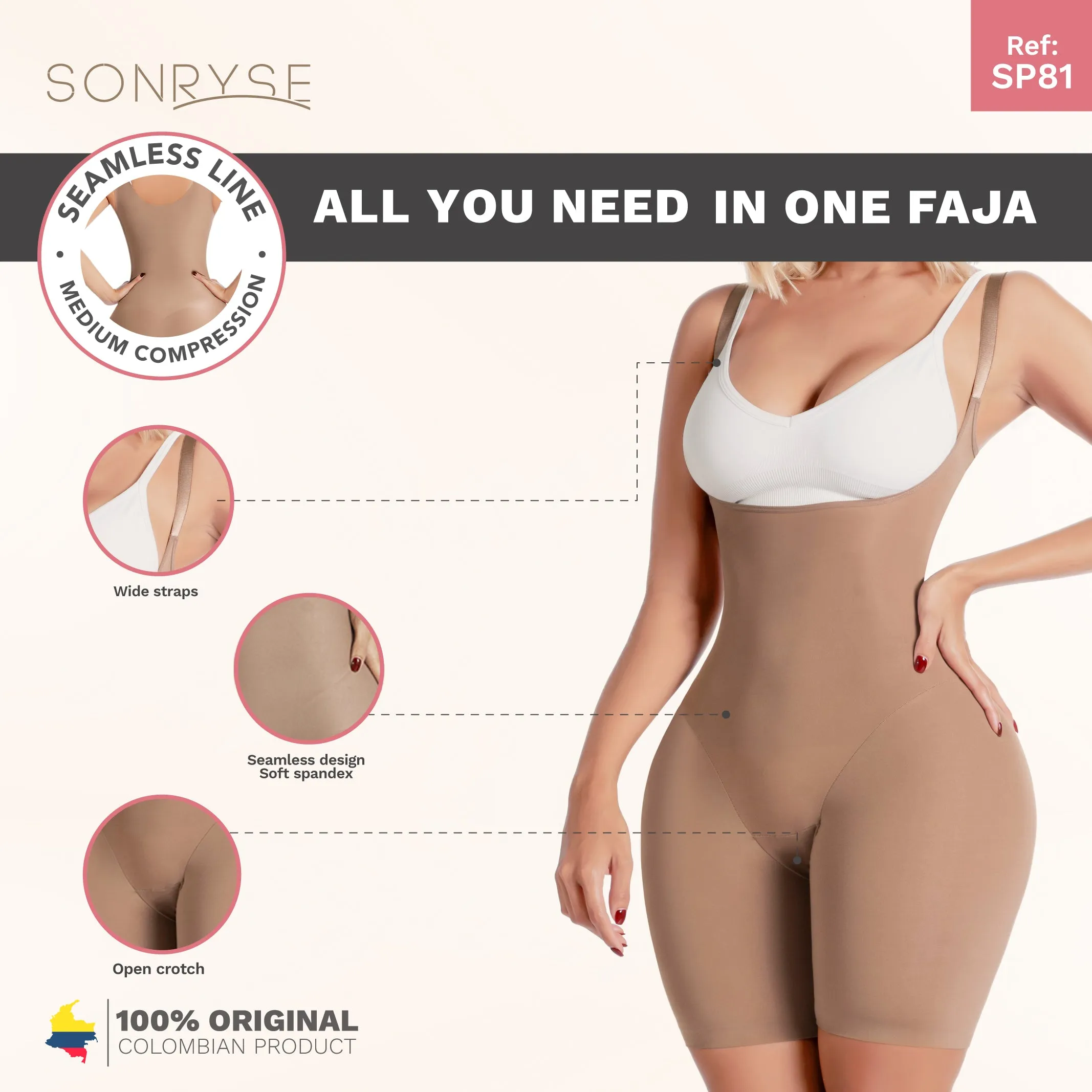 Sonryse SP81NC | Open Bust Colombian Bodysuit Shaper for Women | Everyday Use Girdle | Spandex