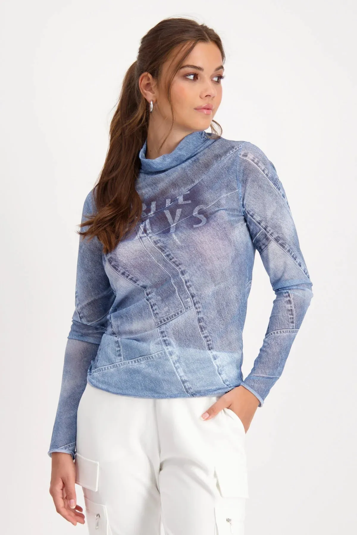 Stand-Up Collar Mesh T-Shirt | Indigo Pattern