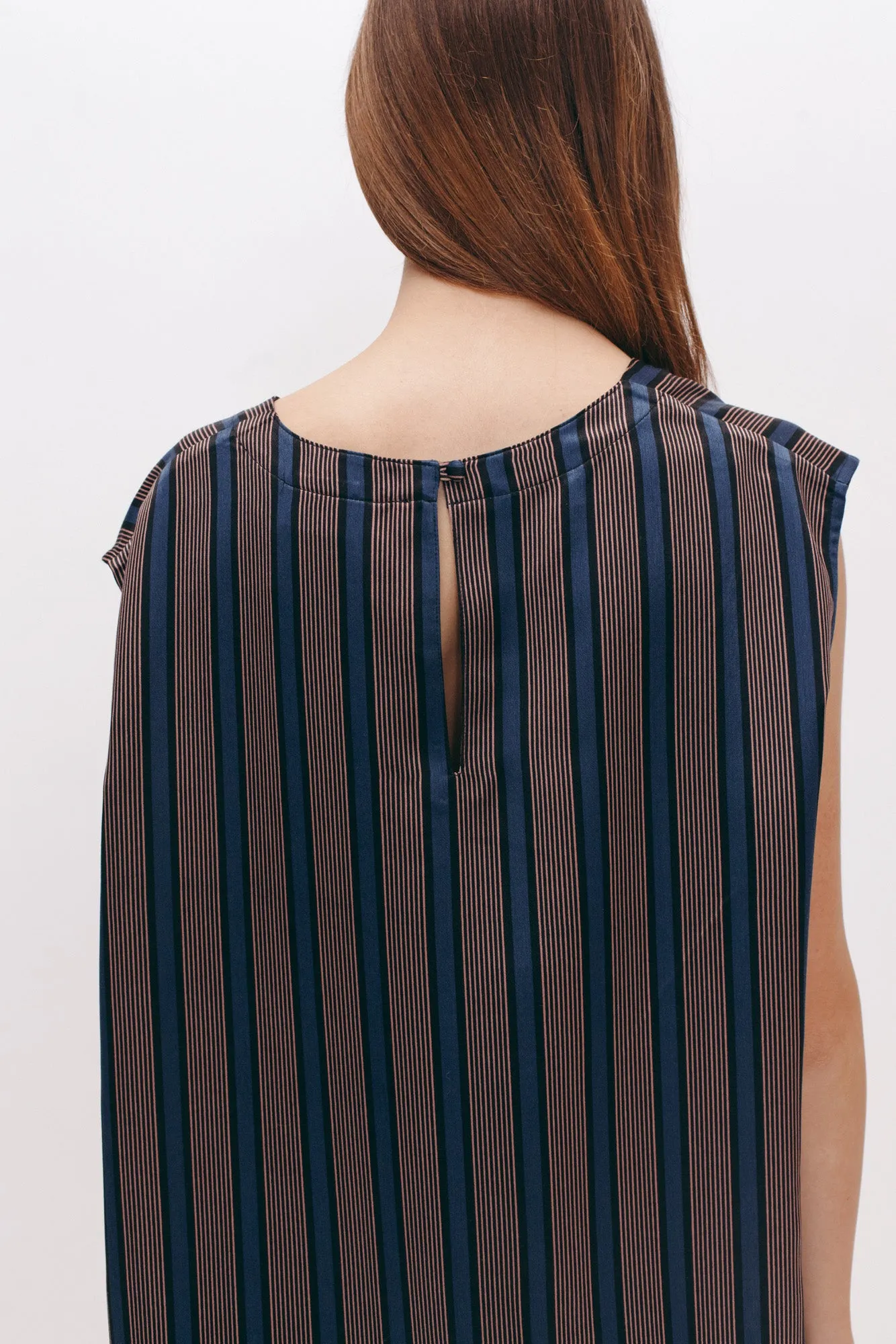 Stripe Rayon Sleeveless Blouse - Navy W