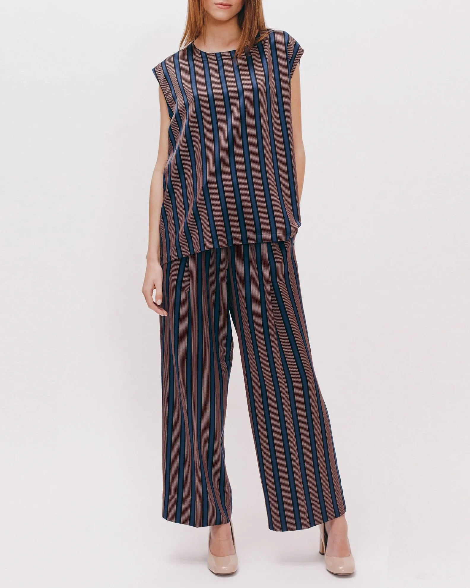 Stripe Rayon Sleeveless Blouse - Navy W