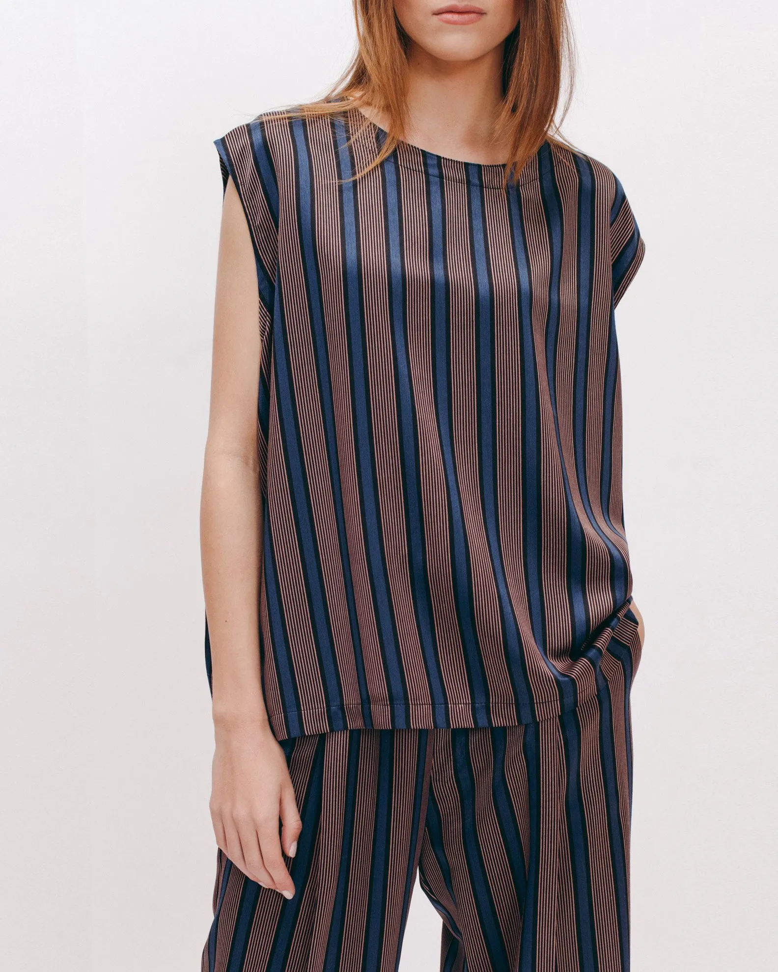 Stripe Rayon Sleeveless Blouse - Navy W