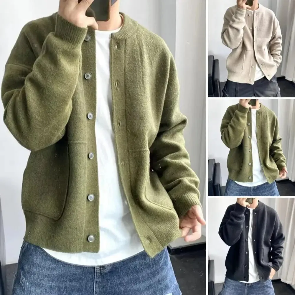 Sweater Coat Men's Round Neck Knitted Cardigan Sweater with Single-breasted Closure Solid Color Long Sleeve Coat for Warmth