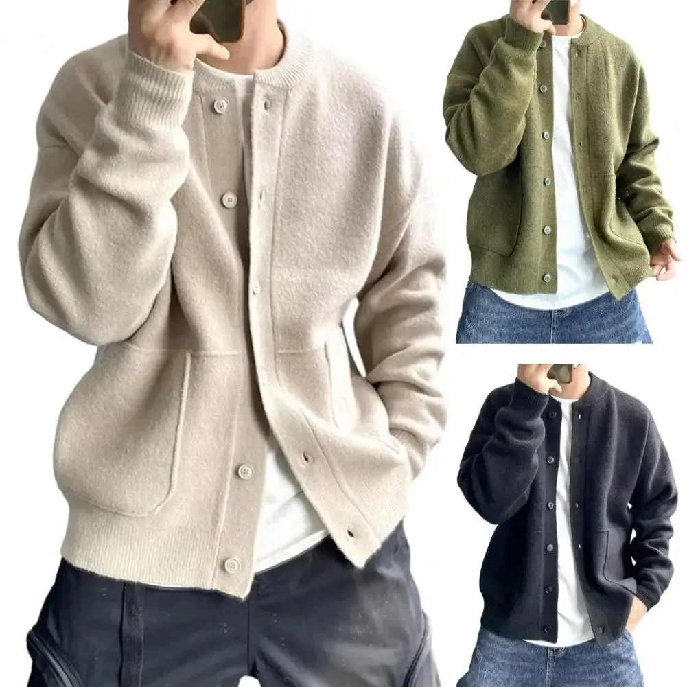 Sweater Coat Men's Round Neck Knitted Cardigan Sweater with Single-breasted Closure Solid Color Long Sleeve Coat for Warmth