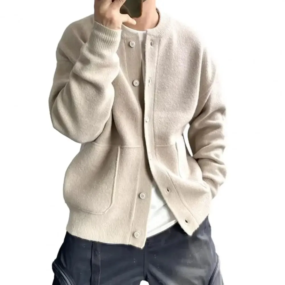 Sweater Coat Men's Round Neck Knitted Cardigan Sweater with Single-breasted Closure Solid Color Long Sleeve Coat for Warmth