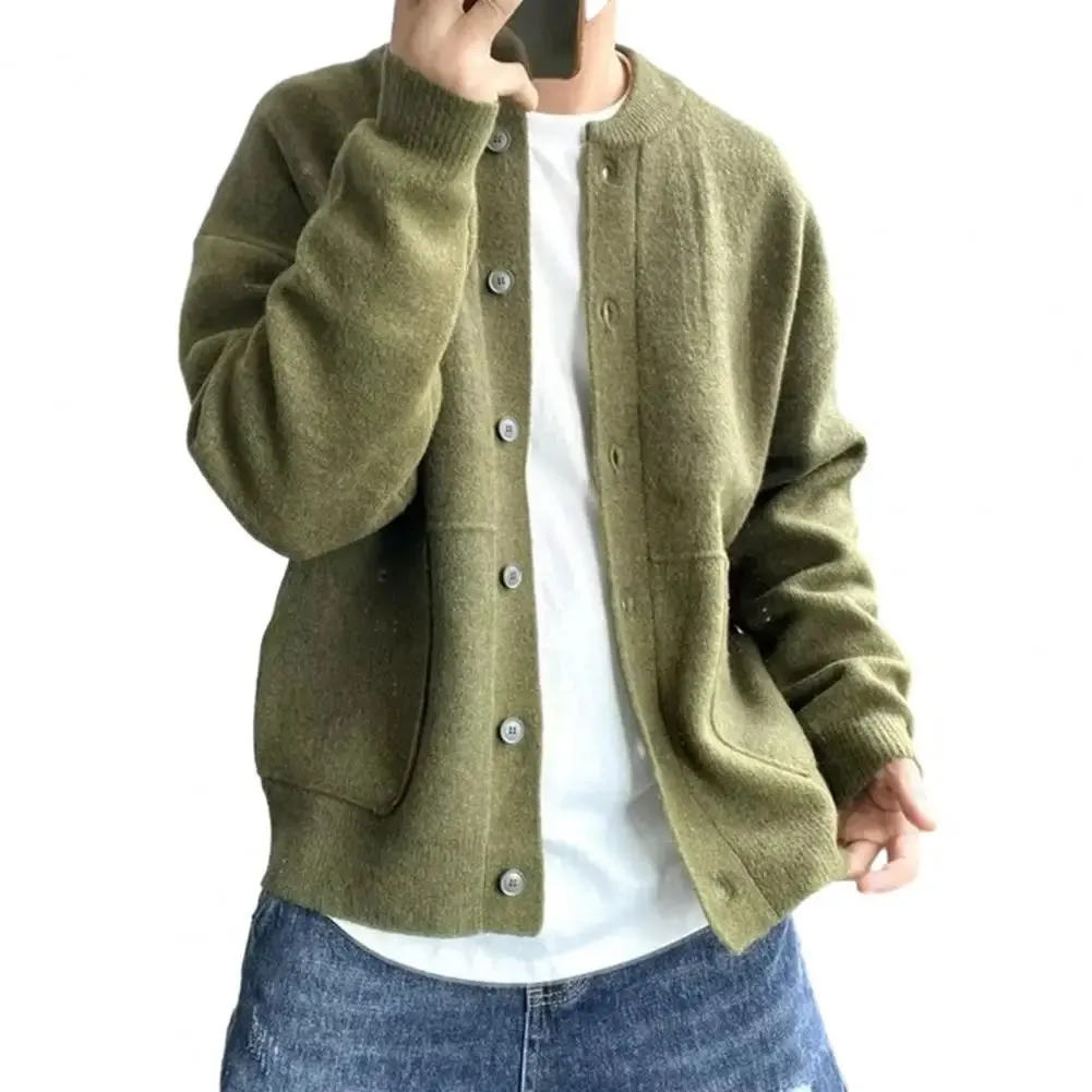 Sweater Coat Men's Round Neck Knitted Cardigan Sweater with Single-breasted Closure Solid Color Long Sleeve Coat for Warmth