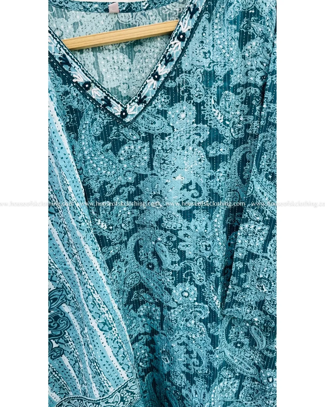 Teal Embroidered Cotton Kurta Set