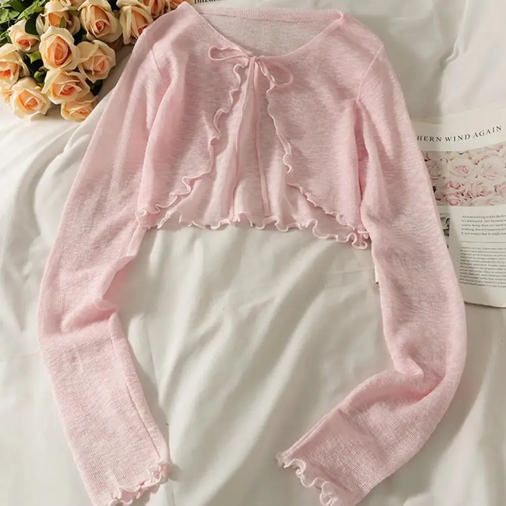 Thin Sunscreen Cardigan Lace-up Knitwear Tops Women Summer Female Korean Style Lantern Sleeve Short Coat Casual Sun Protected