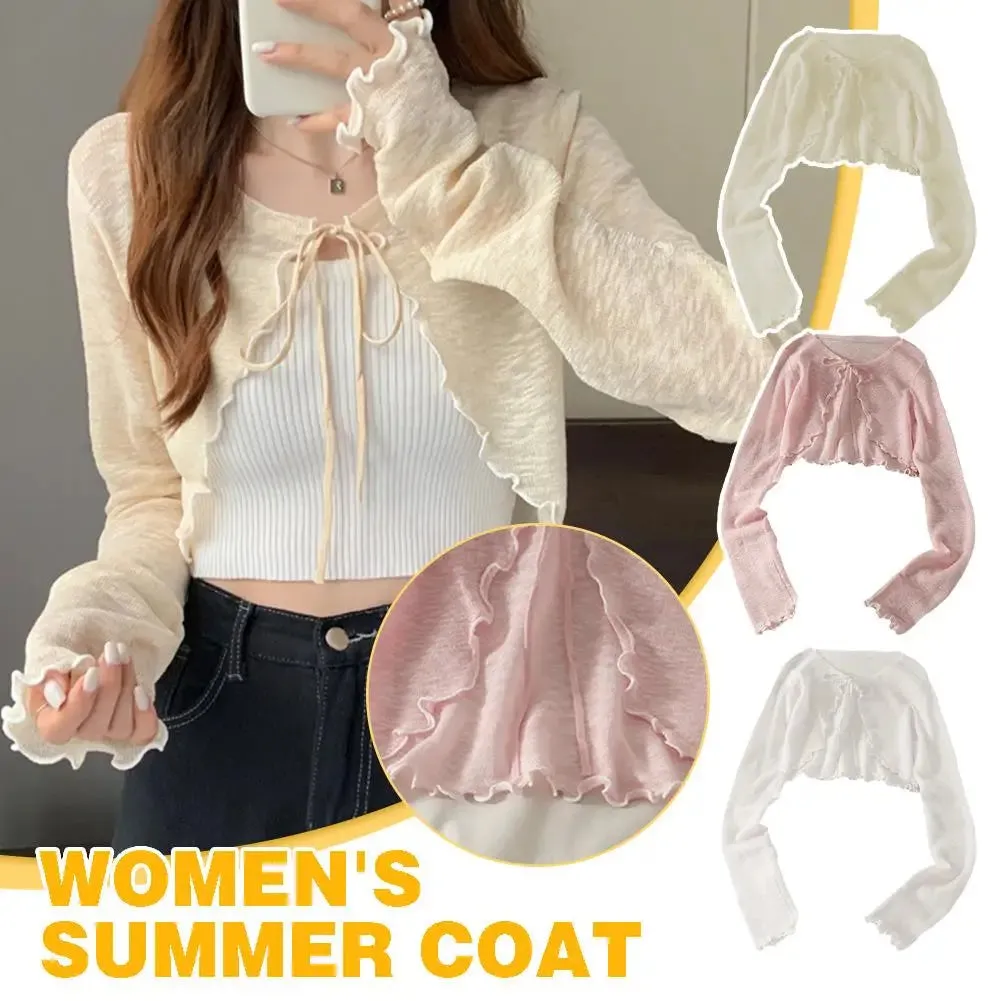 Thin Sunscreen Cardigan Lace-up Knitwear Tops Women Summer Female Korean Style Lantern Sleeve Short Coat Casual Sun Protected