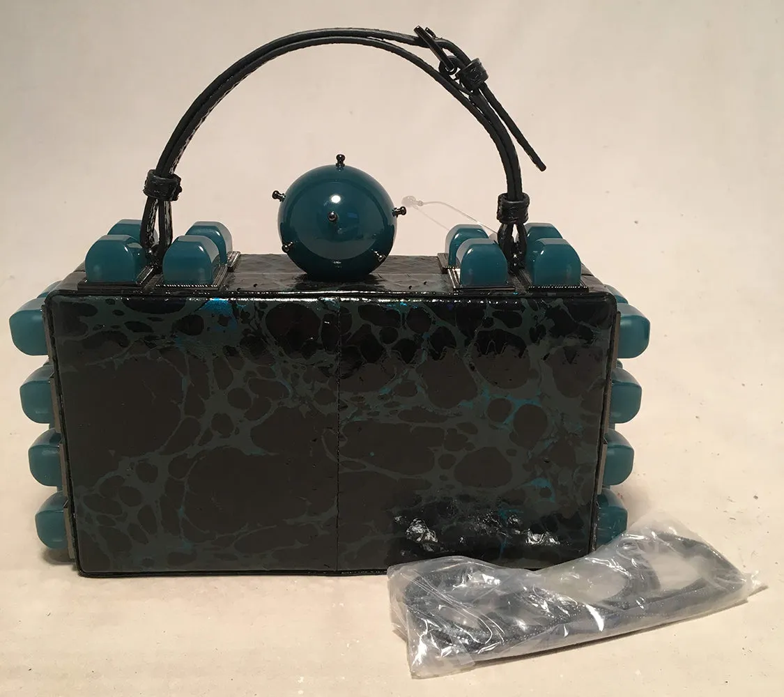 Tonya Hawkes Black Teal and Green Leather Paint Splatter Convertible Clutch