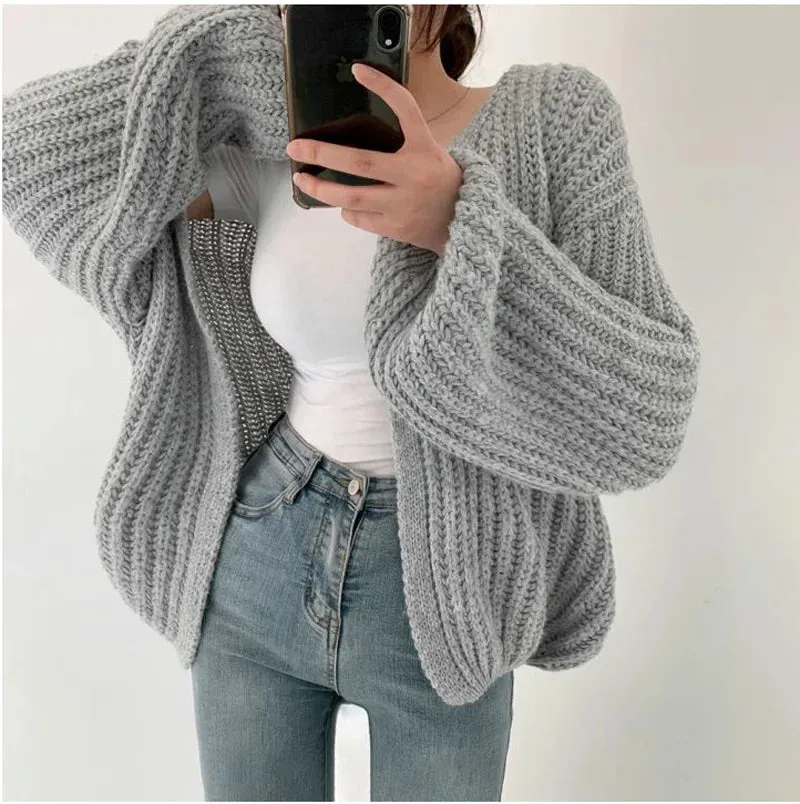 Vintage Harajuku Lantern Sleeve Women Cardigan Sweater Casual Korean Fall Streetwear Tops Coat Chic Lazy Wind Y2k Sweater