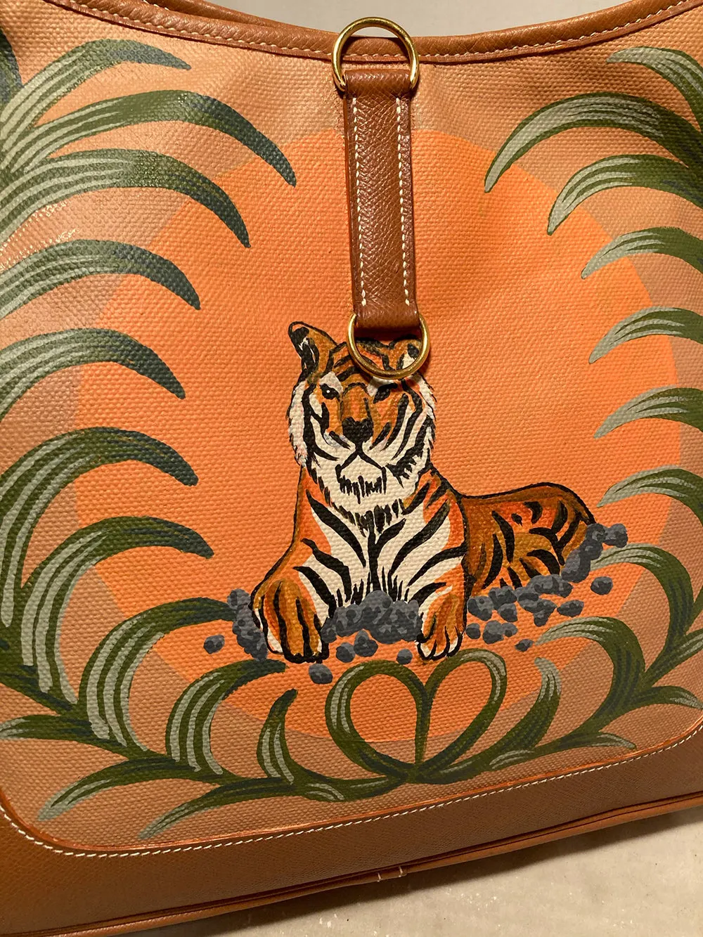 Vintage Hermes Trim Bag with Hand Painted Tiger