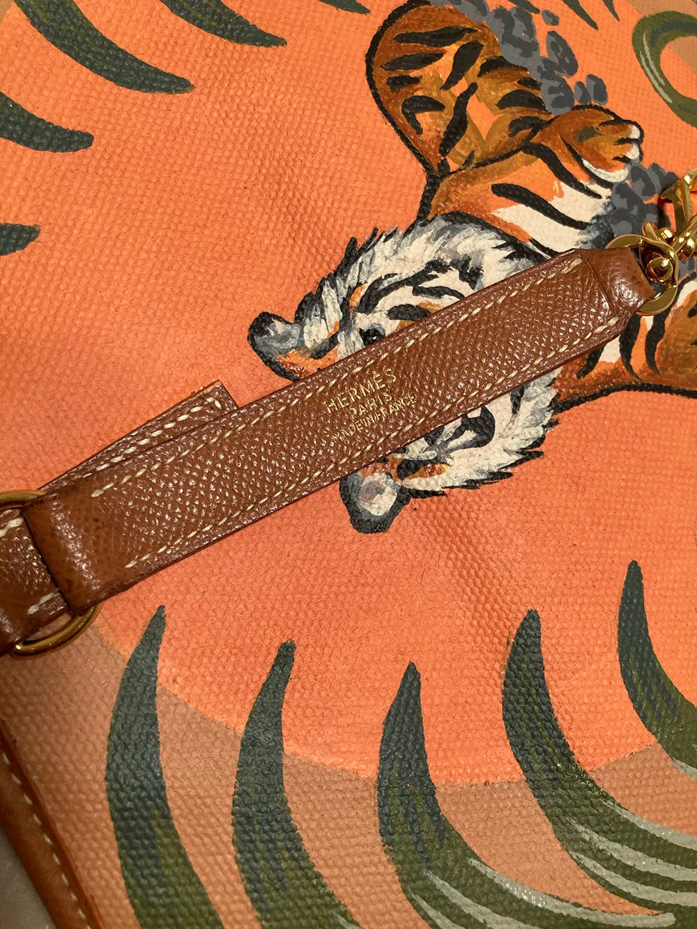 Vintage Hermes Trim Bag with Hand Painted Tiger