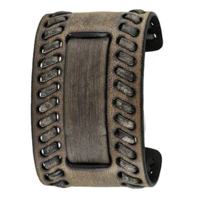 Weaved Distressed Brown Leather Wide Cuff