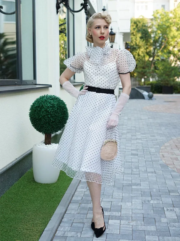 White 1950s Polka Dot Lining Dress