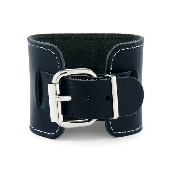 White Stitched Black Leather Wide Cuff