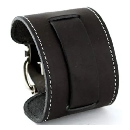 White Stitched Black Leather Wide Cuff