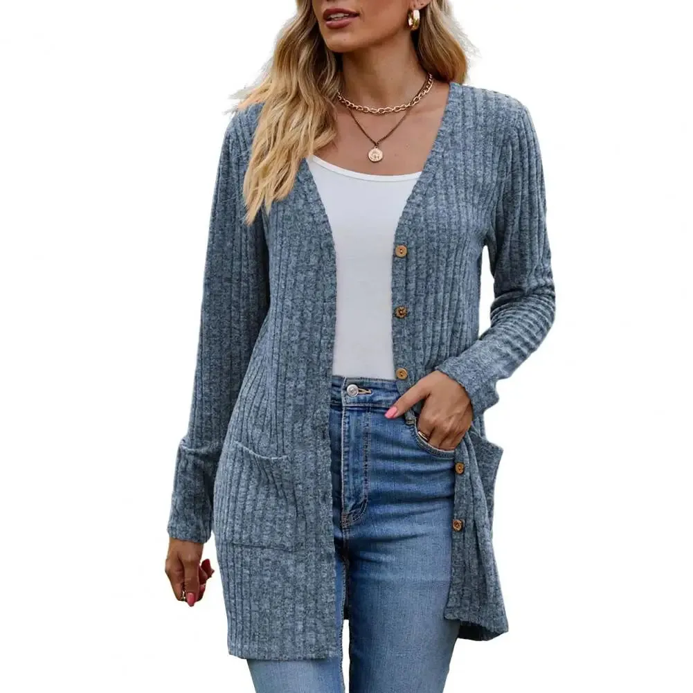 Winter Fall Women Cardigan Coat Knitted Single-breasted Sweater Elastic Pockets Warm Mid Length Lady Jacket Cardigan