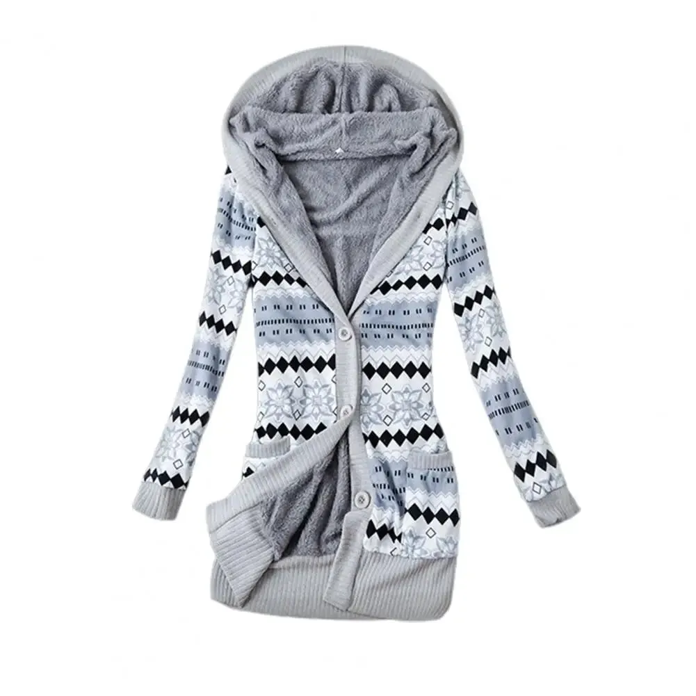 Women Cardigan Striped Print Long Sleeve Sweater Coat Buttons Closure Hooded Plush Lining Sweater Outerwear For Autumn Winter