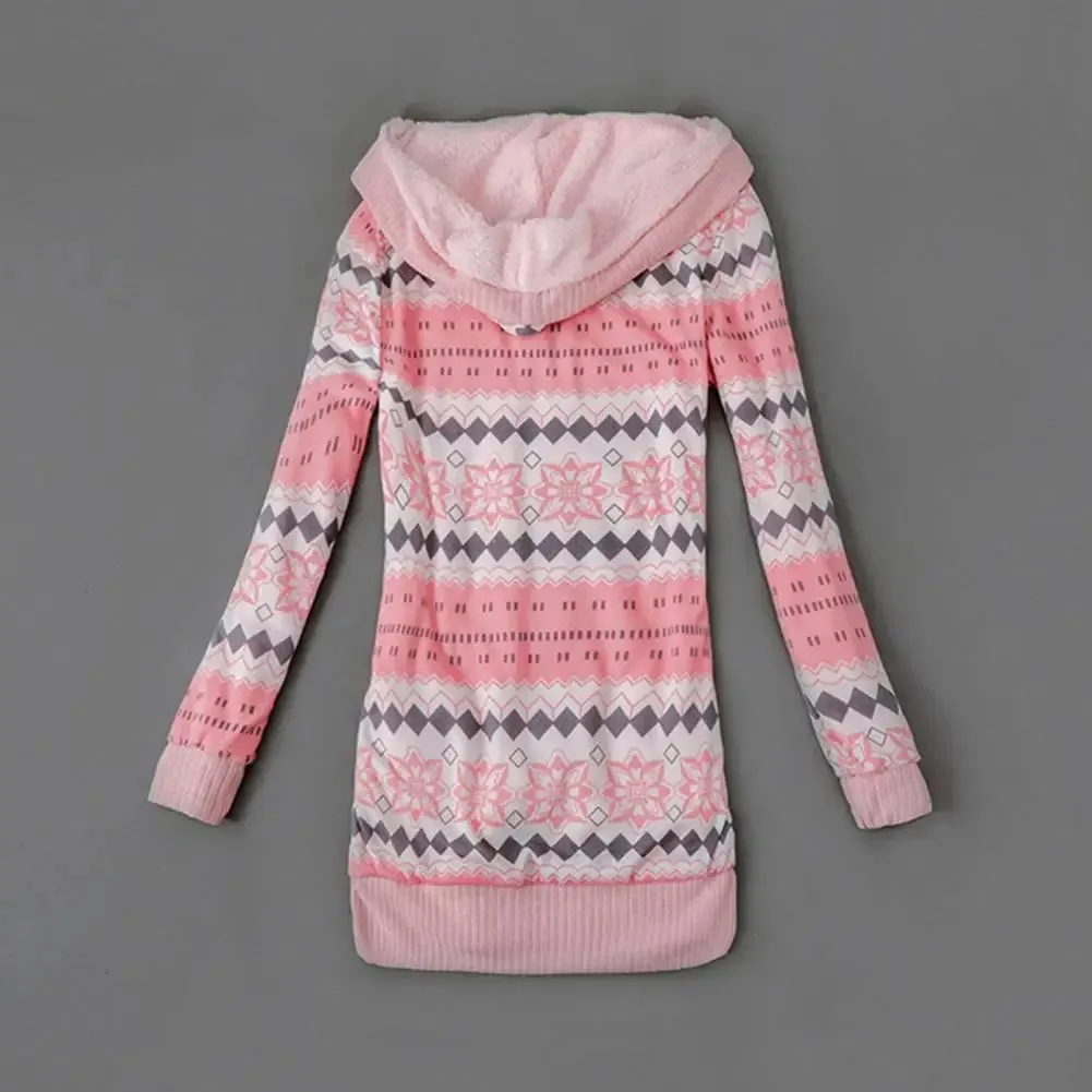 Women Cardigan Striped Print Long Sleeve Sweater Coat Buttons Closure Hooded Plush Lining Sweater Outerwear For Autumn Winter