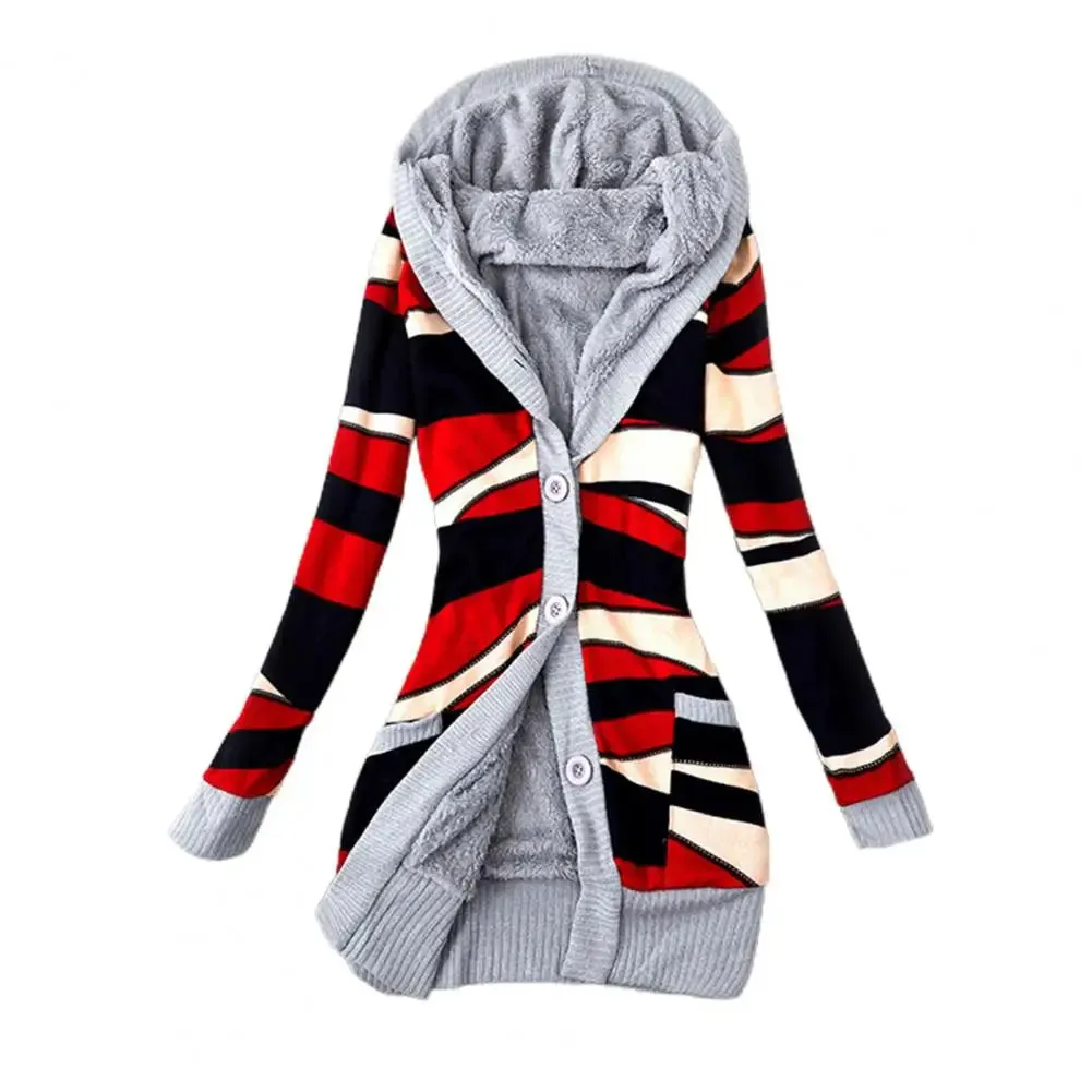 Women Cardigan Striped Print Long Sleeve Sweater Coat Buttons Closure Hooded Plush Lining Sweater Outerwear For Autumn Winter