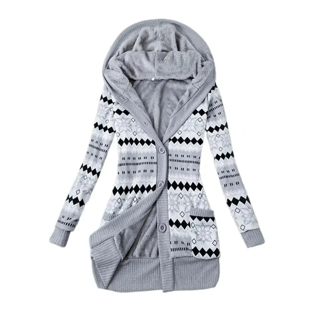 Women Cardigan Striped Print Long Sleeve Sweater Coat Buttons Closure Hooded Plush Lining Sweater Outerwear For Autumn Winter