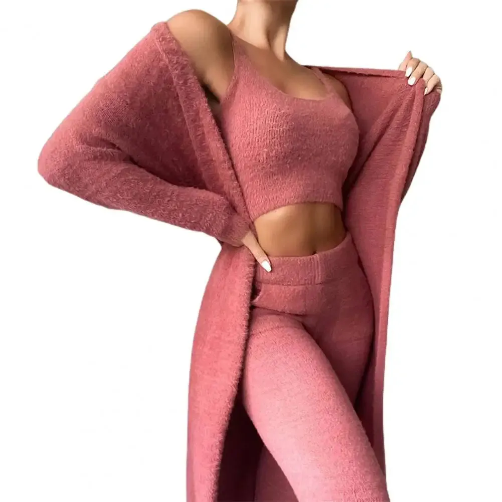 Women Knitted Plush Comfy Outfit Set Lounge Wear Plush Crop Top And Cardigan And Long Trousers Pants Pajamas 3 Piece Set