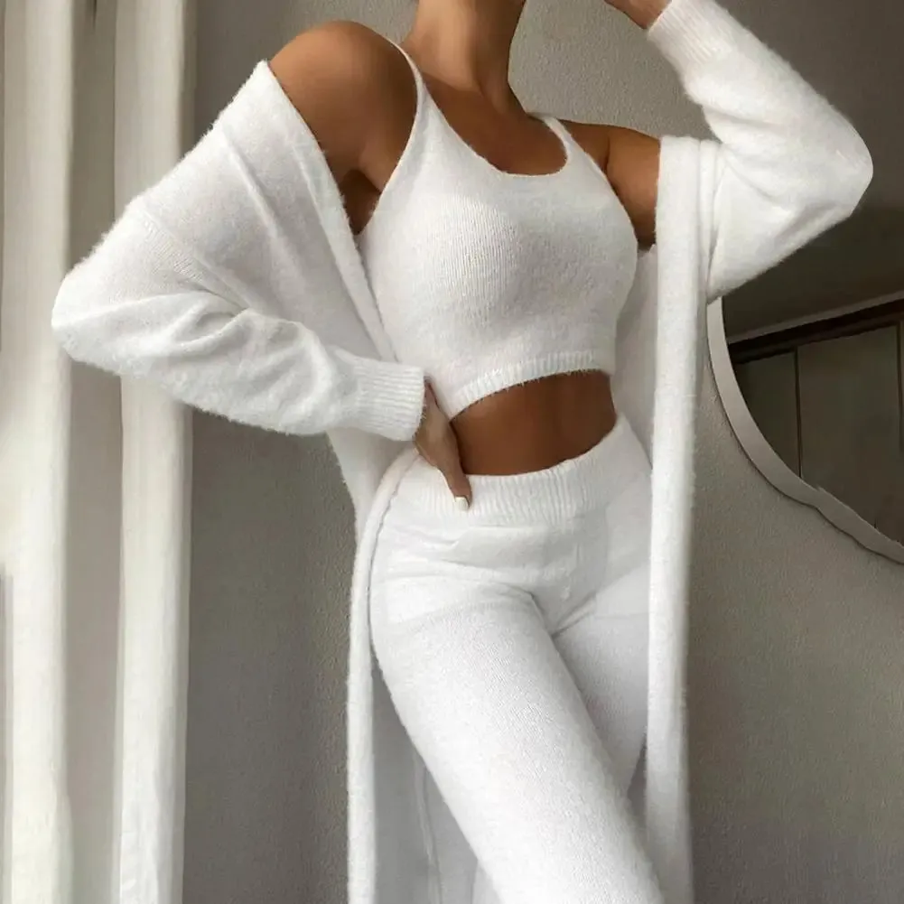 Women Knitted Plush Comfy Outfit Set Lounge Wear Plush Crop Top And Cardigan And Long Trousers Pants Pajamas 3 Piece Set