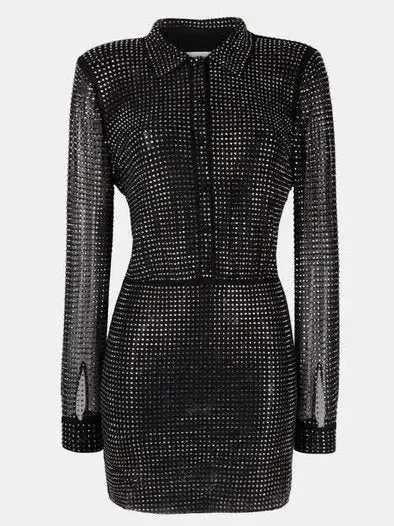 Women’s Crystal-Embellished Black Mini Shirt Dress