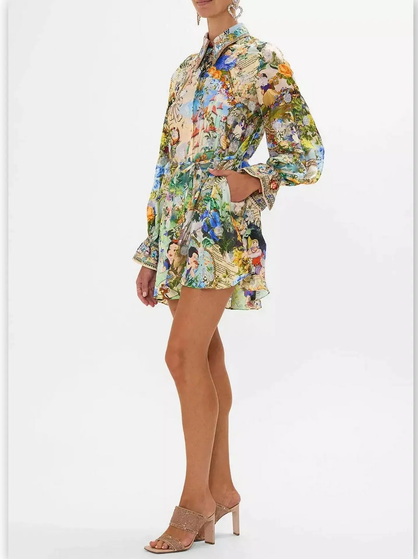 Women’s Crystal-Embellished Fairy Tale and Floral Printed Mini Shirt Dress