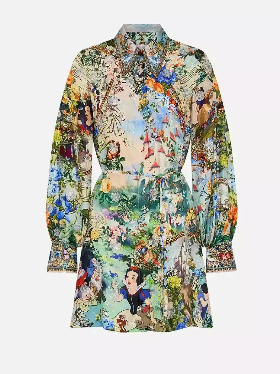 Women’s Crystal-Embellished Fairy Tale and Floral Printed Mini Shirt Dress