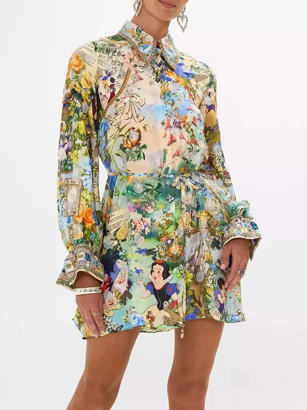 Women’s Crystal-Embellished Fairy Tale and Floral Printed Mini Shirt Dress