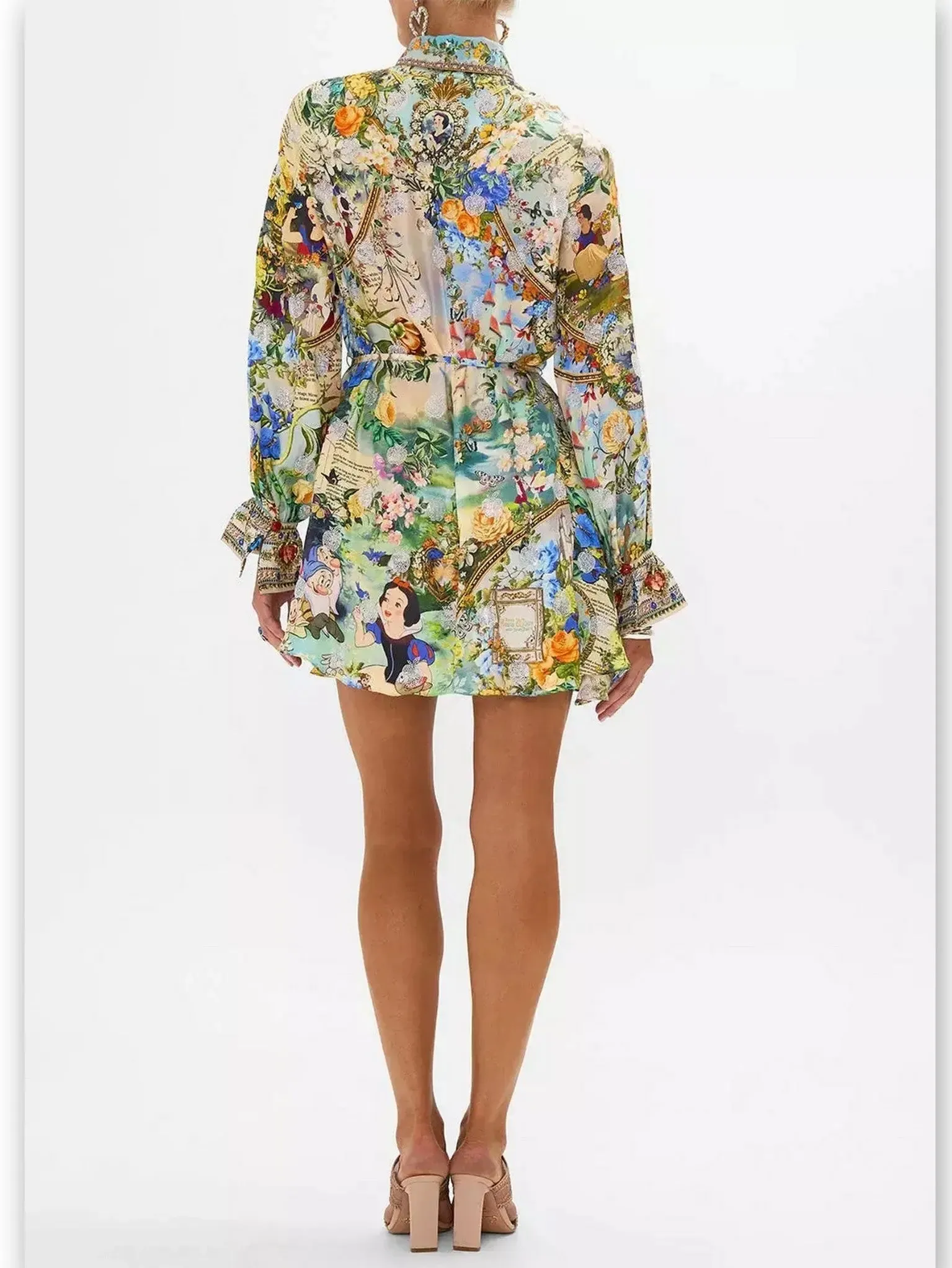 Women’s Crystal-Embellished Fairy Tale and Floral Printed Mini Shirt Dress