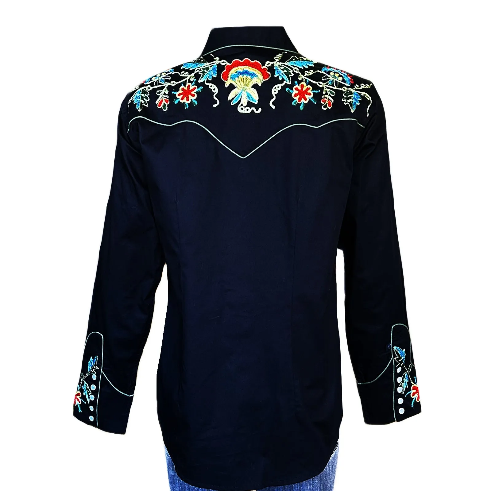 Women's Floral Embroidery Cotton Gabardine Black Western Shirt