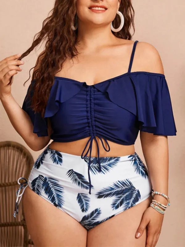 Women's Plus Size Ruffle Sleeve Tankini With Drawstring High Waist Bottoms