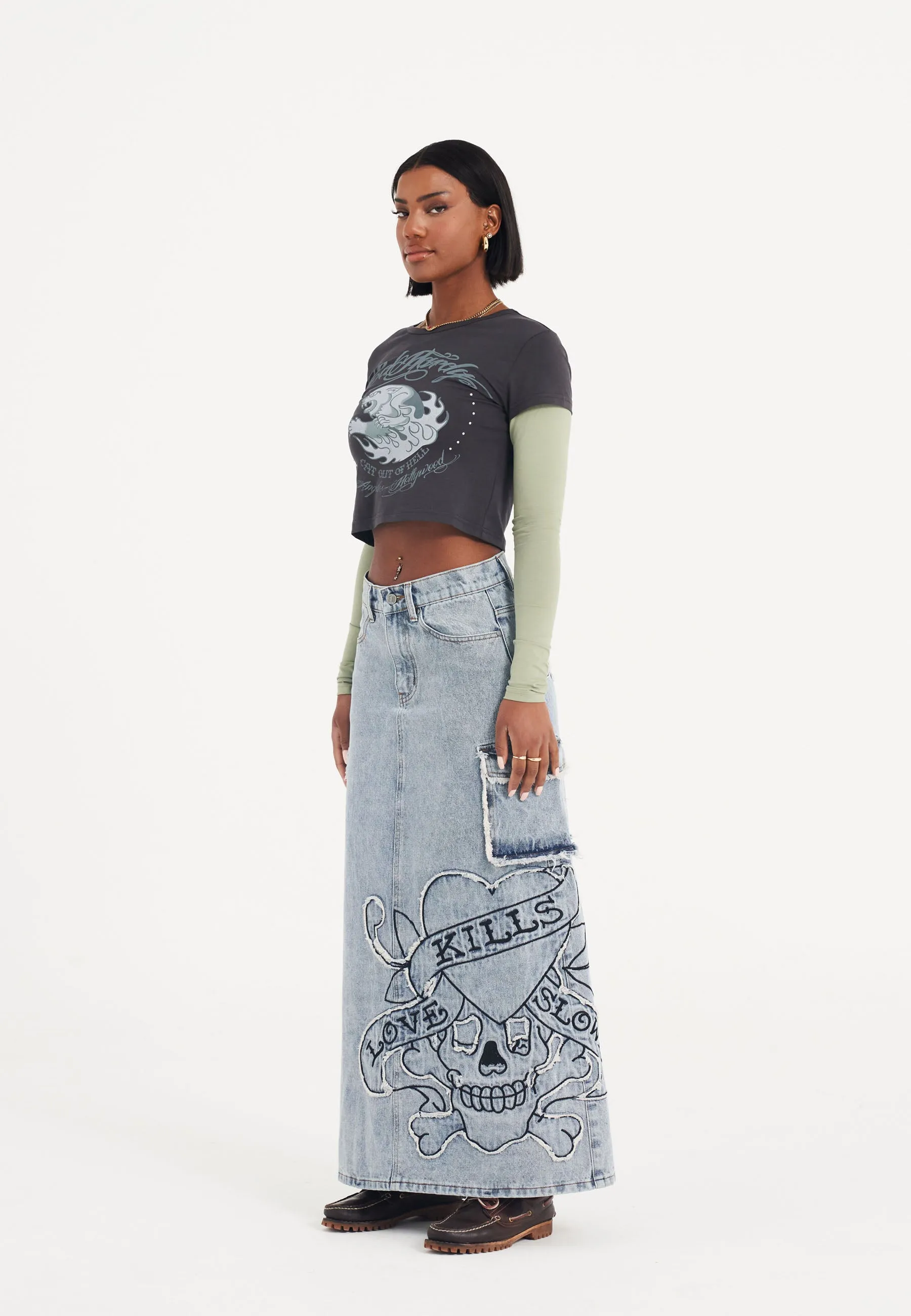 Womens Raw Edge Lks Denim Maxi Skirt - Bleach